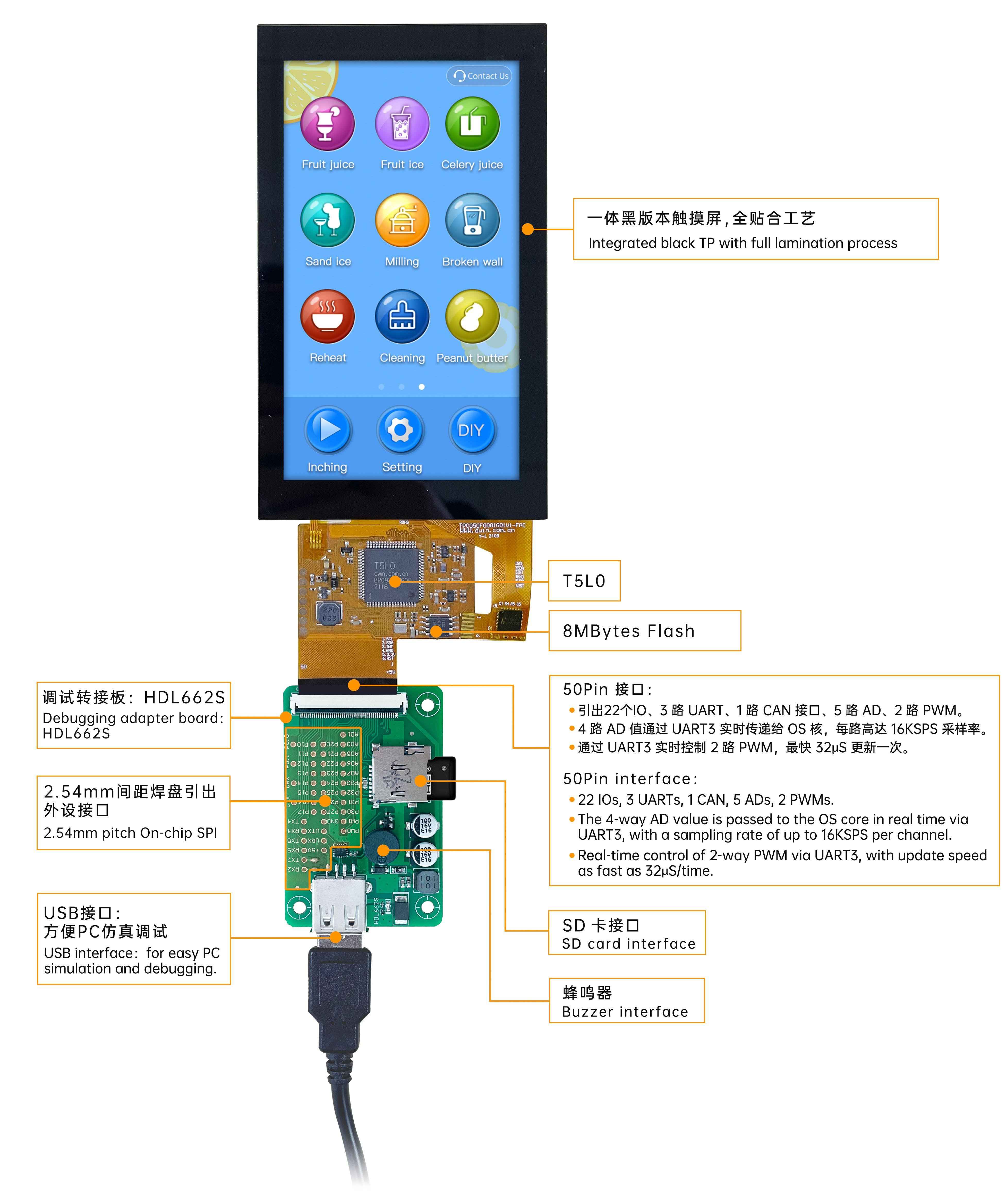DMG85480F050_01W DWIN T5L0 COF UART HMI 5" ультратонкий IPS ЖК-дисплей