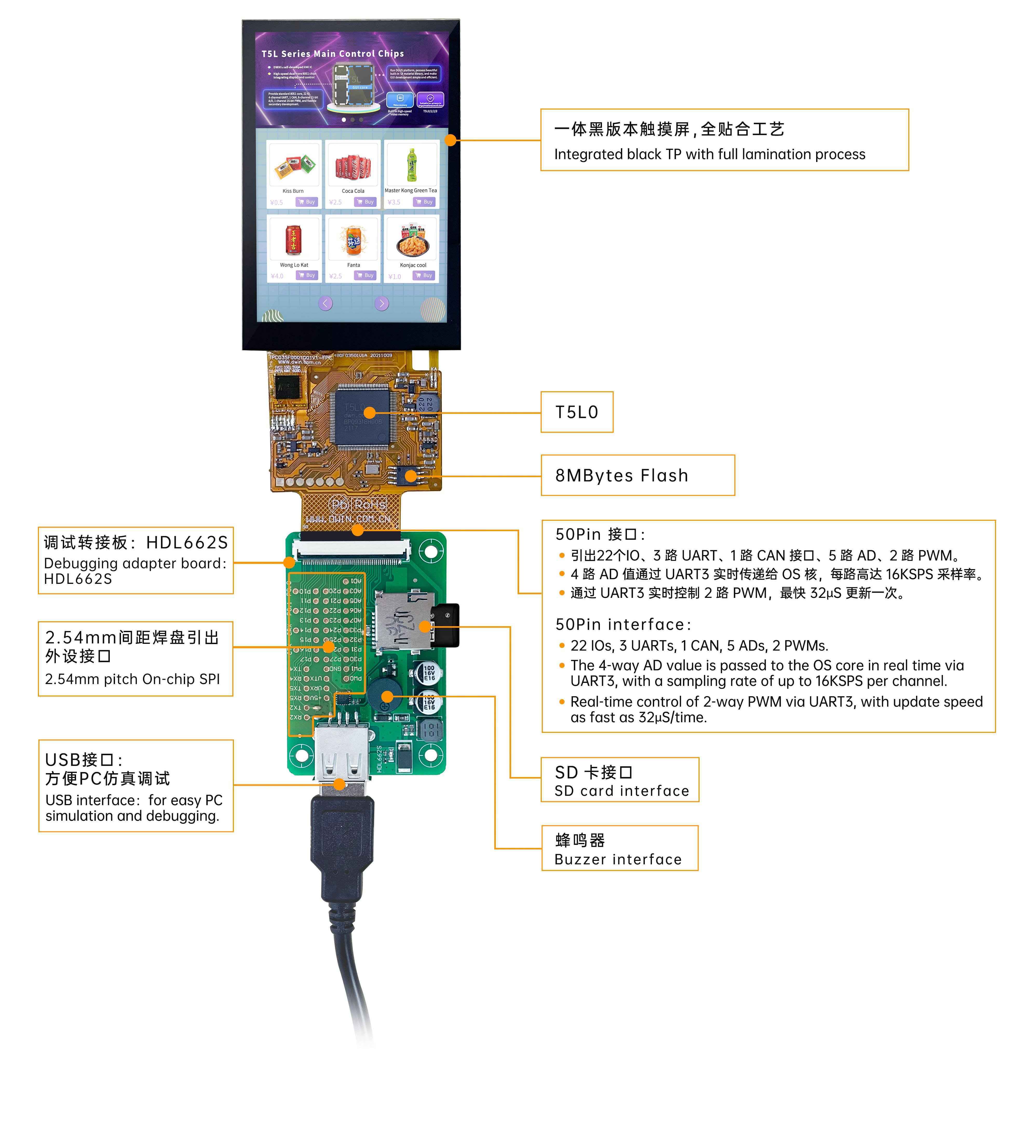 DMG48320F035_01W DWIN T5L0 COF UART HMI 3.5" ультратонкий IPS ЖК-дисплей COF серии